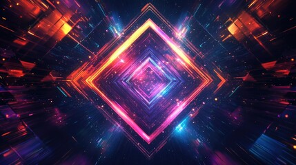 Poster - Abstract vibrant background featuring neon geometric lines stars and a portal leading to another dimension