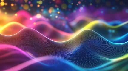 Poster - Colorful sine wave vibrations blend with light and fractal elements ideal for projects focused on sound equalization music spectrum analysis and quantum probability concepts