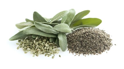  Sage spice ingredient on a white backgroundready for cooking with. A close-up of fresh sage leaves alongs