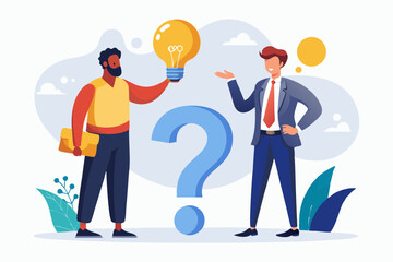 Poster - Question and answer, solving problem or business solution, ask for reply or idea to solve difficulty and trouble, FAQ concept, businessman hand holding question mark with other reply with lightbulb
