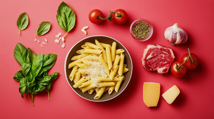 Top view of pasta bolognese ingredients: basil leaves, cheese, fresh meat, olive oil, tomatoes, garlic. Generative AI