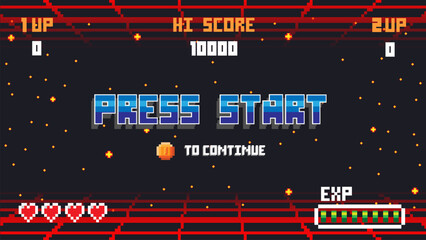 Aufkleber - Set of arcade.pixel art .8 bit game.retro game. for game assets in vector illustrations.Retro Futurism Sci-Fi Background. glowing neon grid.and stars from vintage arcade comp
