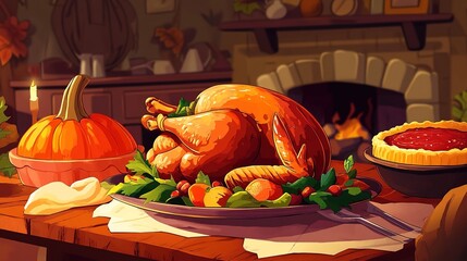 cartoon style illustration of baked turkey for thanksgiving, thanksgiving dinner and food concept