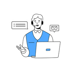 Poster - call center operator helps clients. worker of online support service in headset talks with customers
