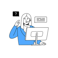 Poster - technical support service employee talks with clients. operator of call center helps customer. hotli