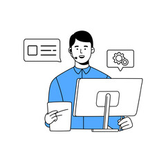 Poster - tech support service employee in headset communicates with client. call center worker in headphones 