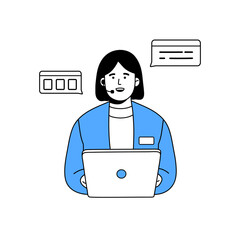 Poster - support service employee helps to client. worker of call center communicates with customer. operator