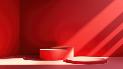 Poster - 3D red podium with geometric shapes on a floor designed for product presentation Abstract minimalist composition featuring mock up background 3D rendering illustration