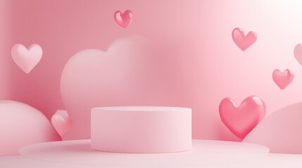 Poster - 3D render of a minimalistic sweet scene featuring a display podium for mockup and product branding Pink pedestal suitable for a romantic theme Adorable heart themed background Design style for a c