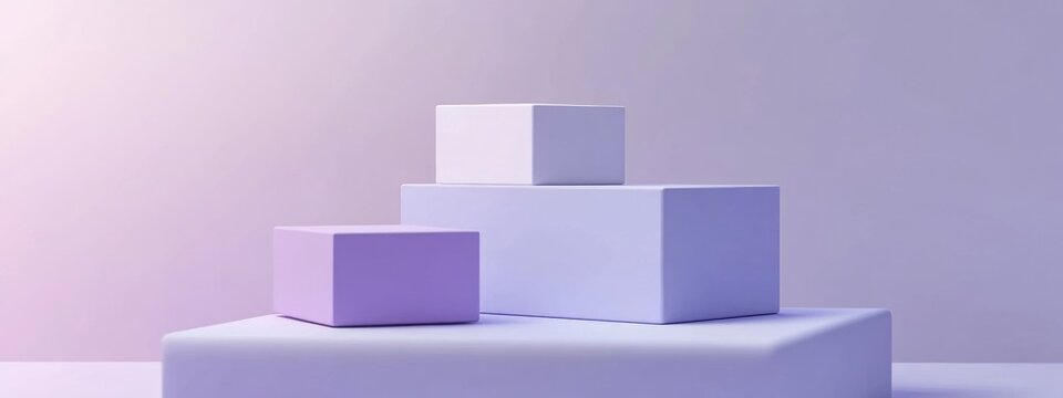 3D illustration of purple violet and white cubes on a square podium in a minimal studio setting Abstract geometric shape rendering suitable for showcasing cosmetic or fashion products