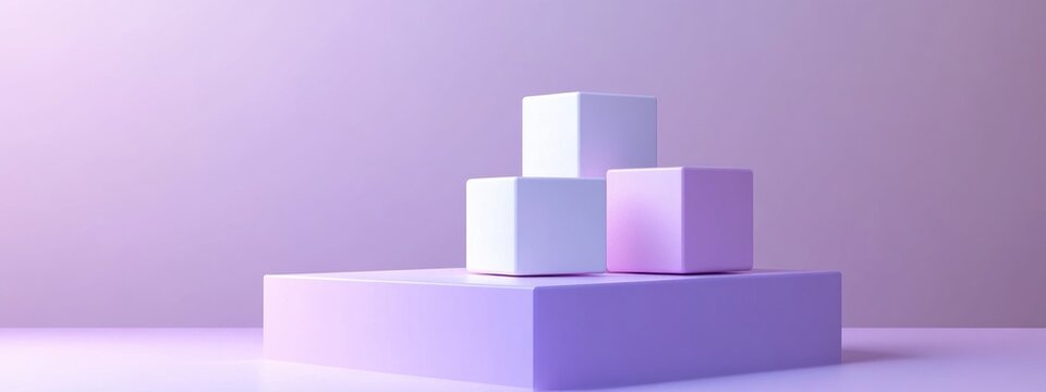 3D illustration of purple violet and white cubes on a square podium in a minimal studio setting Abstract geometric shape rendering suitable for showcasing cosmetic or fashion products