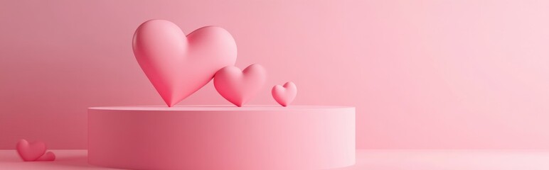 Poster - 3D render of a minimalistic sweet scene featuring a display podium for mockup and product branding Pink pedestal for a romantic theme with a charming heart background perfect for a love themed des