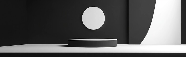 Poster - 3D rendering illustration of a podium with a black and white background featuring studio copy space for a banner