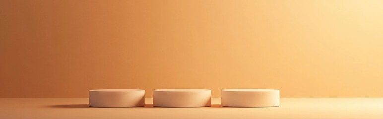 Poster - 3D rendering of vacant podiums set against a light orange backdrop An abstract scene suitable for product mock up templates
