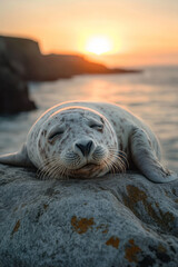 Seal resting on a sunlit rock near a calm ocean shore,