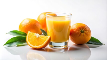 Vibrant macro capture of isolated glass filled with freshly squeezed orange juice on white background, surrounded by subtle shadows, soft natural light, warm atmosphere, golden tones.