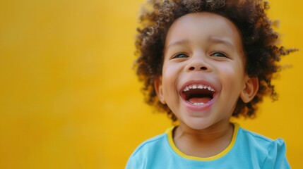 Poster - A young child with curly hair laughs joyfully, capturing a moment of happiness against a vibrant yellow backdrop. Generative AI