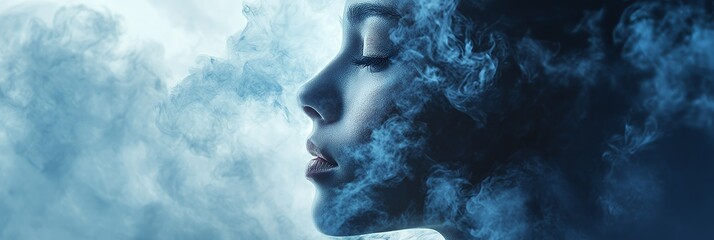 Wall Mural - A profile of a woman surrounded by swirling smoke, evoking a dreamy, ethereal atmosphere.