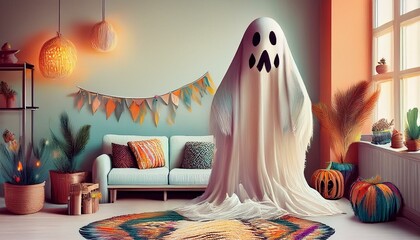 A bright living room decorated for Halloween featuring a floating ghost, vibrant cushions, and cozy autumn decor, creating a cheerful and festive atmosphere.