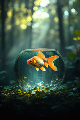 Goldfish swimming in a clear glass bowl with sunlight reflecting off the water,