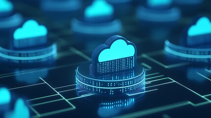 Poster - Abstract representation of cloud computing technology with multiple cloud icons on a digital circuit board background.
