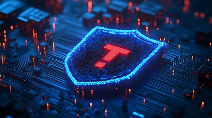 Poster - Blue glowing shield with a red T on a circuit board, representing cybersecurity and data protection technology.