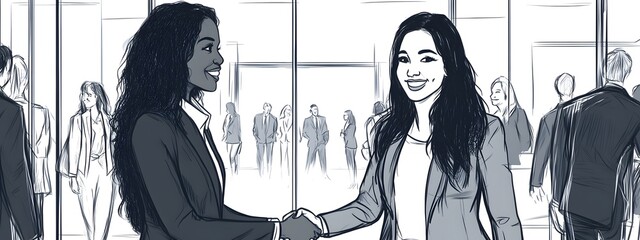 Doodle style of two women shaking hands in an office setting, one woman is white and the other black with long hair tied back wearing professional attire. They stand next to eachother smiling