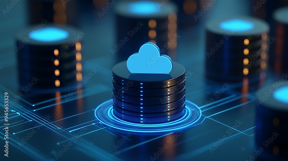 Cloud computing technology concept with a neon glowing cloud icon and ...