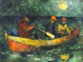 Poster - Three Men in a Rowboat Under a Full Moon.