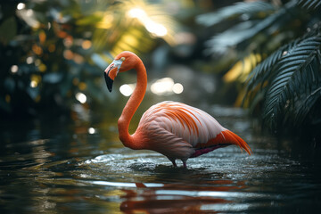 Flamingo wading through shallow waters in a tropical lagoon with lush greenery,