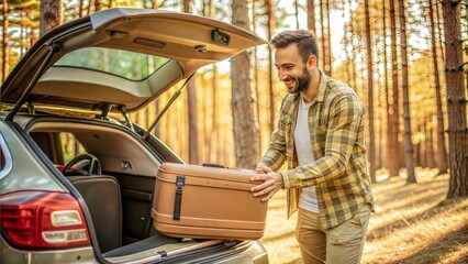 Sticker -  happy man packing suitcases into car