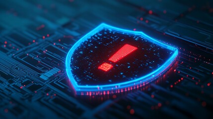 Poster - Cybersecurity warning concept with a glowing shield and exclamation mark on a digital background, highlighting online security threats.