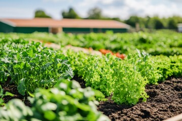 A thriving garden with various green vegetables growing in rich soil, reflecting healthy organic farming and sustainable agricultural practices under a clear sky.