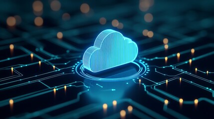Poster - Digital cloud computing image with glowing technology circuit board in the background. Modern data storage representation.
