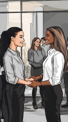 Doodle style of two women shaking hands in an office setting, one woman is white and the other black with long hair tied back wearing professional attire. They stand next to eachother smiling