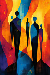 Poster - Abstract teamwork with sleek figures and geometric patterns in a vibrant design,