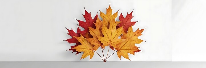 A vibrant, isolated cluster of colored maple leaves, showcased against a clean, crisp white background, with ample negative space on one side intentionally left empty to accommodate overlaid text .