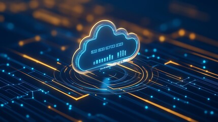 Digital cloud storage concept with futuristic data analysis, represented by a glowing cloud icon and digital interface.