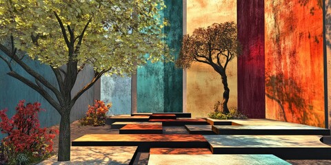 Poster - A collection of 3D rendered platforms featuring vibrant multi material back walls and tree silhouettes