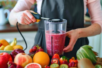 Woman in apron using hand blender for preparing a fresh organic fruit smoothie at home in the kitchen Woman in apron using hand blender for preparing a fresh organic fruit smoothie at home in the kitc