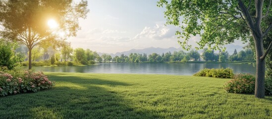 Wall Mural - Green grassy meadow landscape with a garden and a lake view 3D illustration rendering of the scene