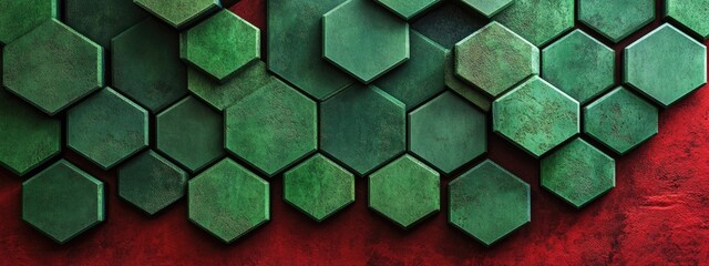 Poster - Green hexagonal granite pattern on a red backdrop minimalistic 3D rendering