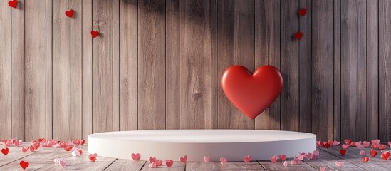 Poster - White Podium with Valentine s Day Love Theme Featuring Red Heart Against a Wooden Wall Background for Product Display and Copy Space 3D Rendering