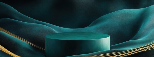 Dark teal and aqua blue 3D rendering of a minimal luxury cylinder podium on a wavy textile background featuring an abstract composition with golden lines