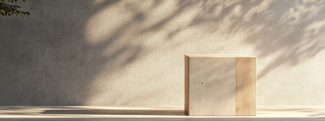 Poster - Product display stand featuring a square box design with wood and concrete textures rendered in 3D