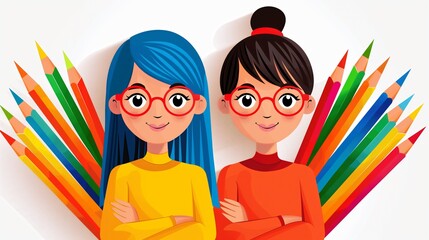 Canvas Print - Two girls are holding a bunch of pencils. The pencils are of different colors. The girls are wearing glasses