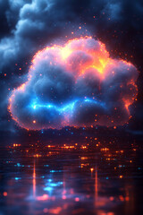 Aufkleber - Abstract cloud computing with digital clouds and data streams in a futuristic style,