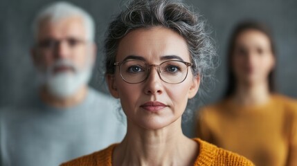 A woman with grey hair and glasses, exuding confidence, with two individuals blurred in the background, creating a balanced composition. Generative AI