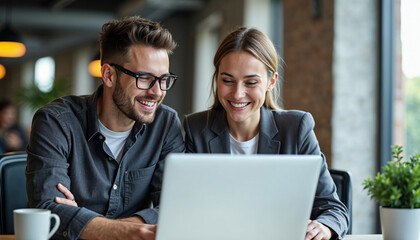 Wall Mural - Cheerful business colleagues discussing over laptop while sitting in office