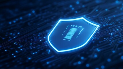 Poster - Digital security shield representing cybersecurity and data protection concept on a futuristic blue circuit board background.